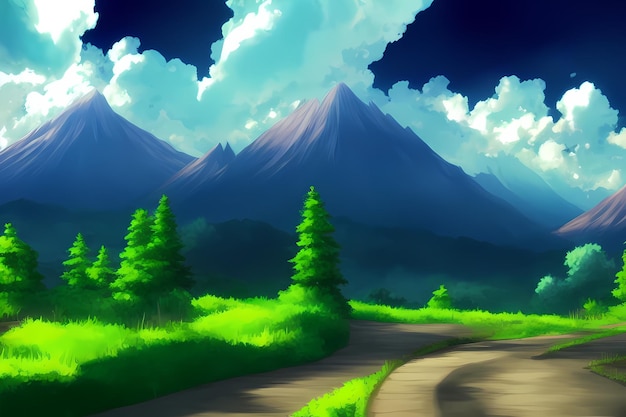 Пейзажная сцена иллюстрация цифровая живопись с зеленью горы холмы луга голубое небо