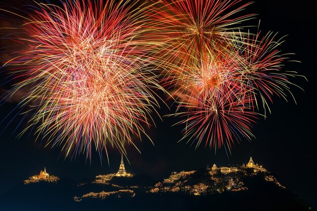 Landscape Scene of multicolor Fireworks annual festival