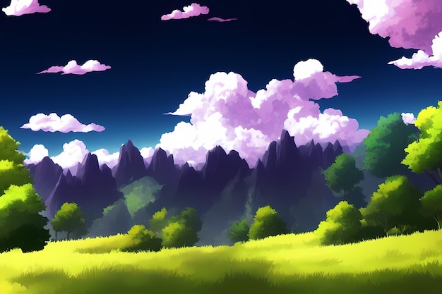 Фото Пейзажная сцена с красивой зеленью, горами, лугами, деревьями, с голубым небом и горами