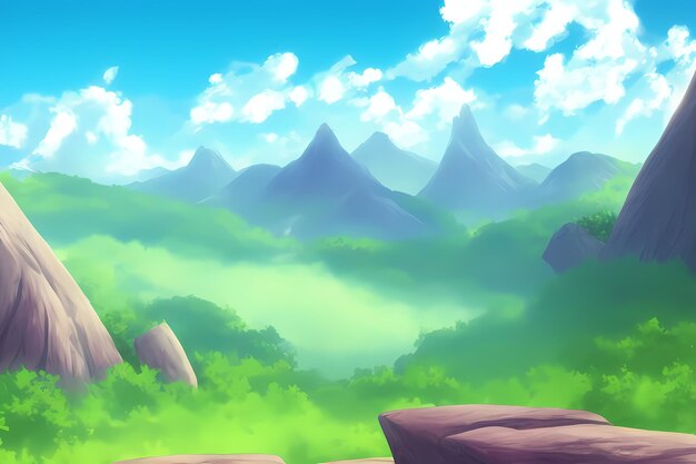 Фото Пейзажная сцена с красивой зеленью, горами, лугами, деревьями, с голубым небом и горами