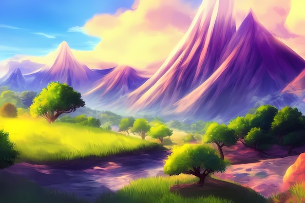 Landscape scene with beautiful greenery, mountains, meadows, trees, with blue skies and mountains an