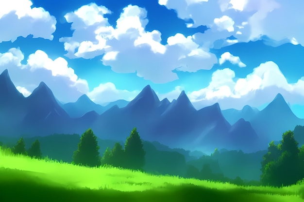 Scena del paesaggio con una splendida vegetazione, montagne, prati, alberi, con cieli azzurri e montagne e