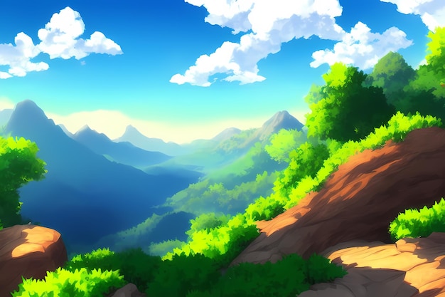 Landscape scene with beautiful greenery, mountains, meadows, trees, with blue skies and mountains an