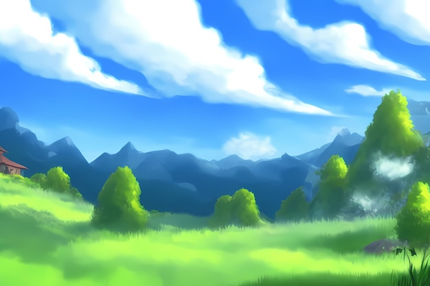 Landscape scene with beautiful greenery, mountains, meadows, trees, with blue skies and mountains an