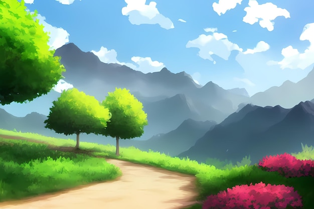 Landscape scene with beautiful greenery, mountains, meadows, trees, with blue skies and mountains an