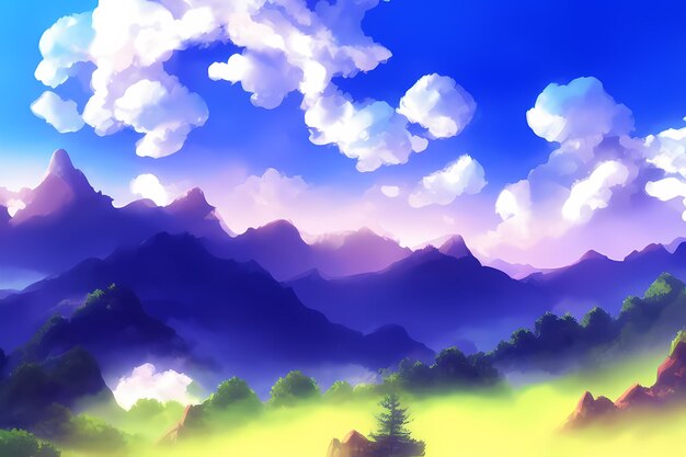 Landscape scene with beautiful greenery, mountains, meadows, trees, with blue skies and mountains an