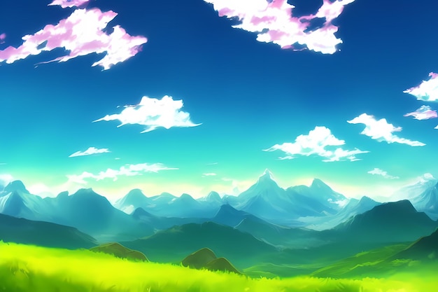 Пейзажная сцена с красивой зеленью, горами, лугами, деревьями, с голубым небом и горами
