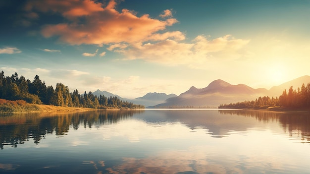 landscape scene with serene lake and mountain background and sunset