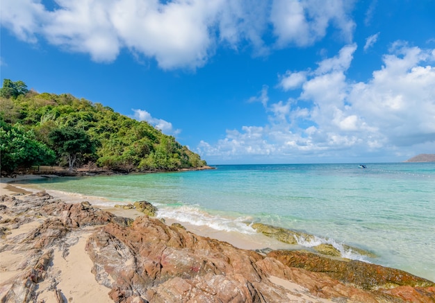 Landscape sea beach water and coast seascape rocky waves blue sky