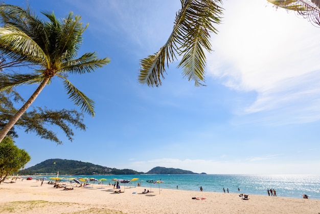 Paesaggio con palme o palme da cocco e turisti sulla spiaggia in riva al mare per lo sfondo, oceano delle andamane sotto il cielo del sole al tramonto viaggio estivo in asia, hat patong beach, isola di phuket, thailandia