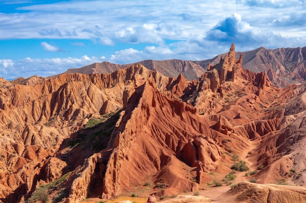 Foto paesaggio del canyon di skazka sul lago di issyk-kul rocce destinazione famosa di favole in kirghizistan montagna come la grande muraglia di cina e le montagne arcobaleno di danxia o crepa di antilope usa asia centrale