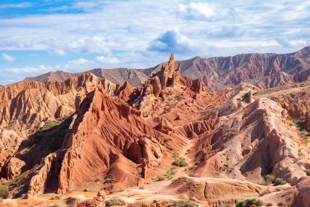 Foto paesaggio del canyon di skazka sul lago di issyk-kul rocce destinazione famosa di favole in kirghizistan montagna come la grande muraglia di cina e le montagne arcobaleno di danxia o crepa di antilope usa asia centrale