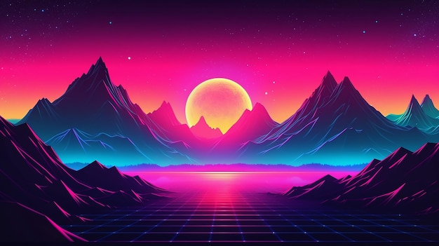 Landscape skyline with neon light grid sun and mountain generative AI