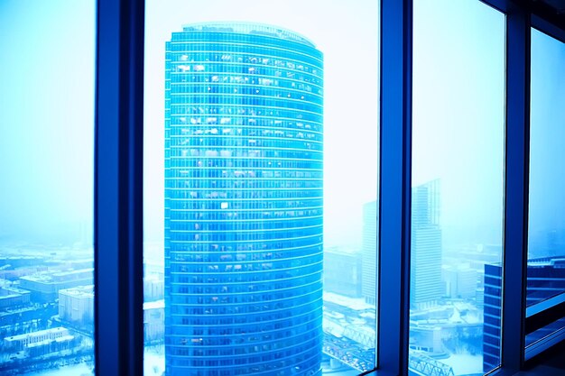 Landscape skyscrapers night / business center in a night\
landscape, winter lights in the windows of houses in the business\
district