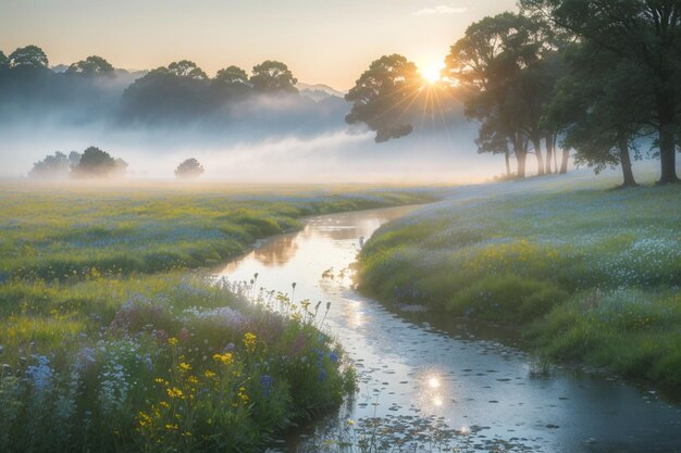 Photo landscape of small river in misty mountains ai generated