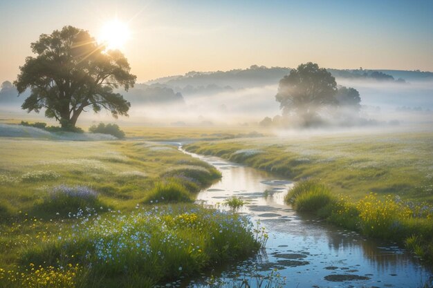 Photo landscape of small river in misty mountains ai generated