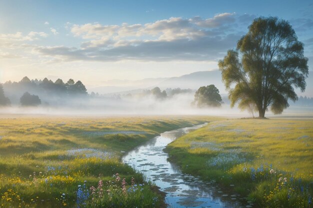 Photo landscape of small river in misty mountains ai generated