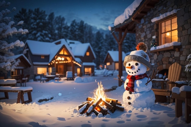 AI が生成した焚き火の装飾を備えた冬の雰囲気の風景雪だるま