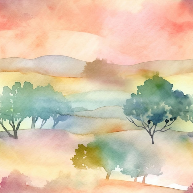 landscape soft colors watercolor painting