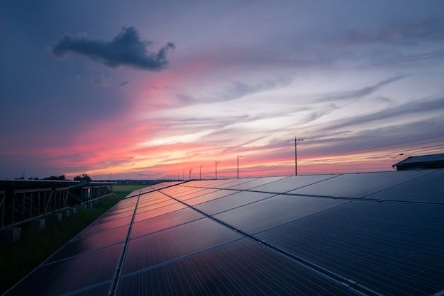 Photo landscape of solar farm at sunset