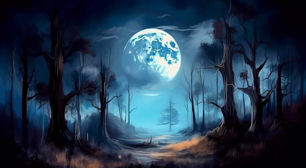 The landscape of a spooky forest at night in the style of realistic blue skies whimsical illustration detailed backgrounds free brushwork generate ai