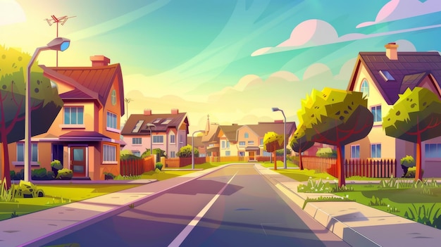 Landscape of a suburban suburb at sunset or sunrise Morning or evening cartoon modern cityscape with rural house yard and trees on road