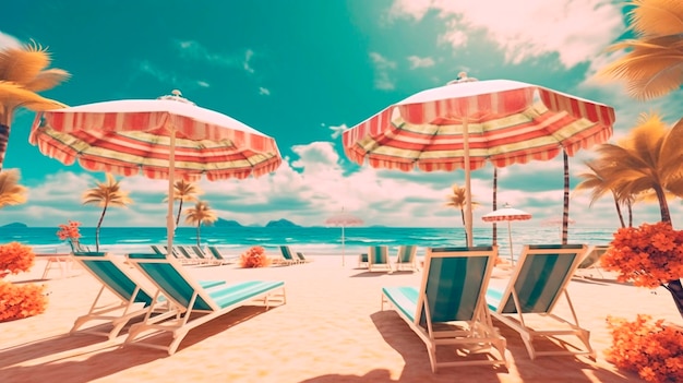 Landscape of a summer beach with colored umbrellas and deck chairs against the background of the sea