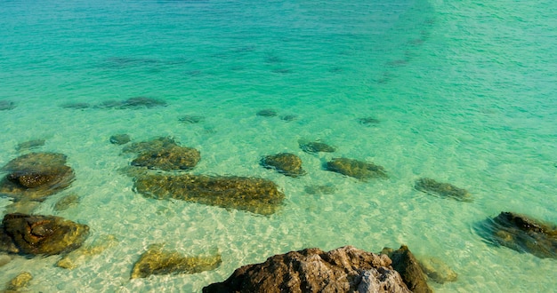 Пейзаж летних пляжей с красивыми скалами и морем изумрудно-зеленого