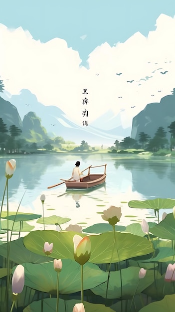 Landscape Summer Chinese Painting Clouds Water Lilies Boat Lotus Lotus Peaceful impressive nature