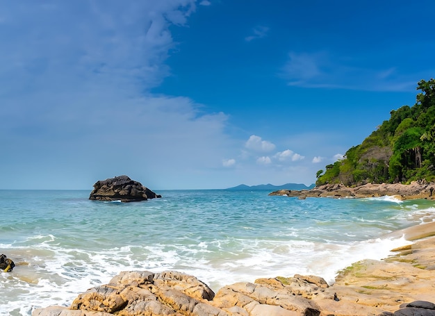Landscape summer frontview panorama tropical seabeach rock blue sky white sand background