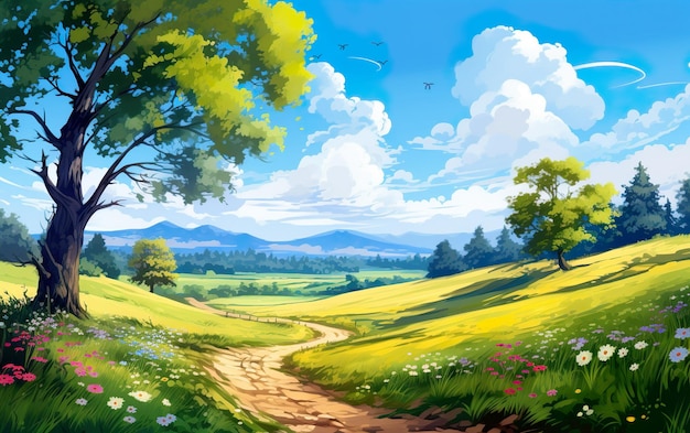 Landscape in summer with trees and meadows