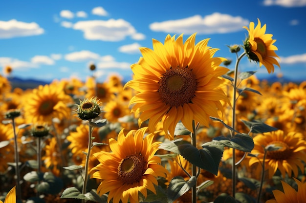 Landscape of sunflowers in a wide field