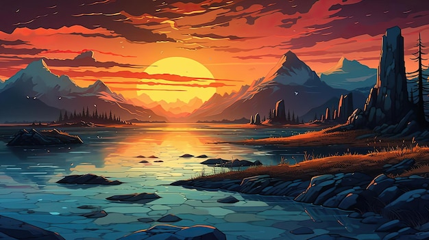 the landscape at sunrise is a pretty colourful painting in the style of psychological phenomena