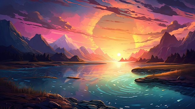 the landscape at sunrise is a pretty colourful painting in the style of psychological phenomena