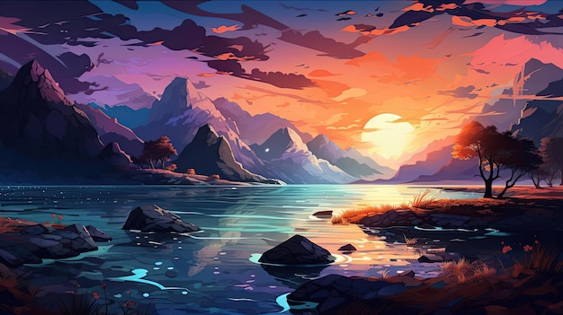 the landscape at sunrise is a pretty colourful painting in the style of psychological phenomena