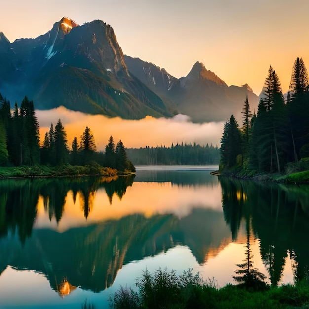 湖と山々にかかる日の出の風景