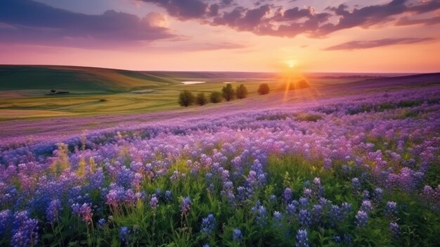 landscape sunrise view on the meadow in spring