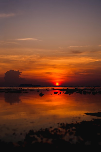 垂直方向のビーチの夕焼け空の風景