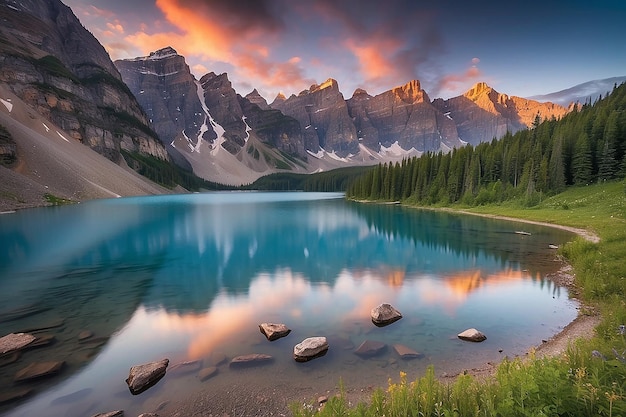 Photo landscape sunset view of morain lake and mountain range