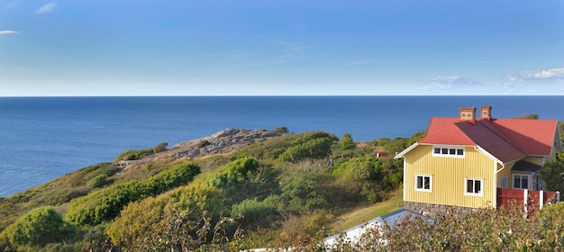 Landscape of swedish coast with typical houses next to the sea