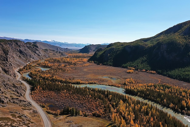 landscape top view, river autumn forest drone, beautiful journey