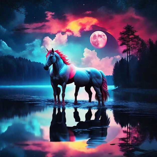 Landscape translucent luminous pegasus as a huge moon night sky reflection forest