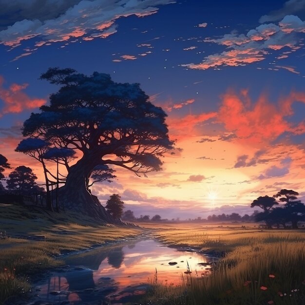 Landscape tree dusk makoto shinkai style