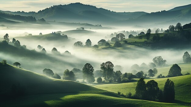 Landscape of trees on hills with low