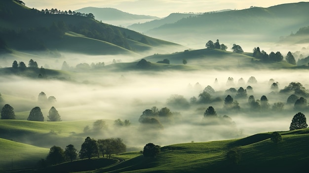 Landscape of trees on hills with low