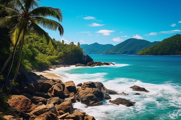 Landscape of tropical beach with parasailing on background