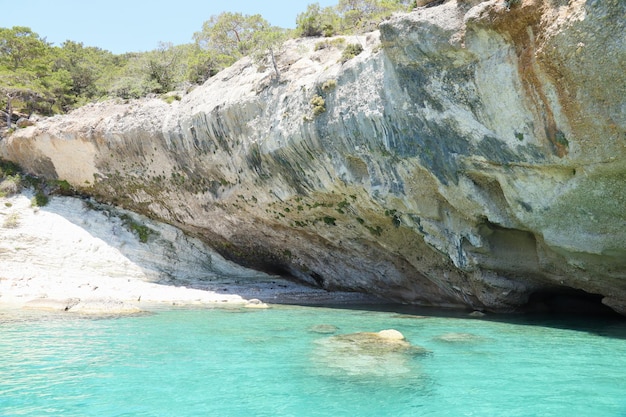 青い海の水の上のトルコの自然の岩山の風景