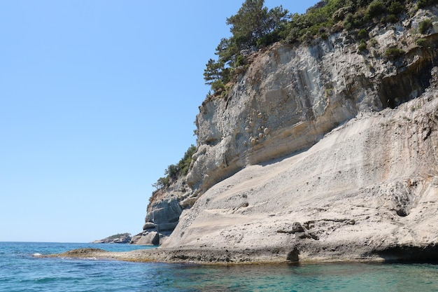 青い海の水の上のトルコの自然の岩山の風景