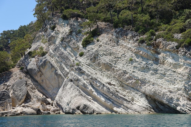 青い海の水の上のトルコの自然の岩山の風景