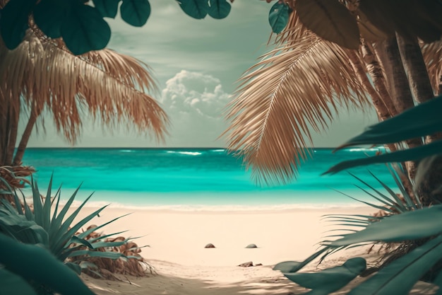 Landscape turquoise beach and palm tree leaves warm summer on island Generative AI